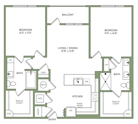 Floor plan for 2 beds, 2 baths, 1080 sqft